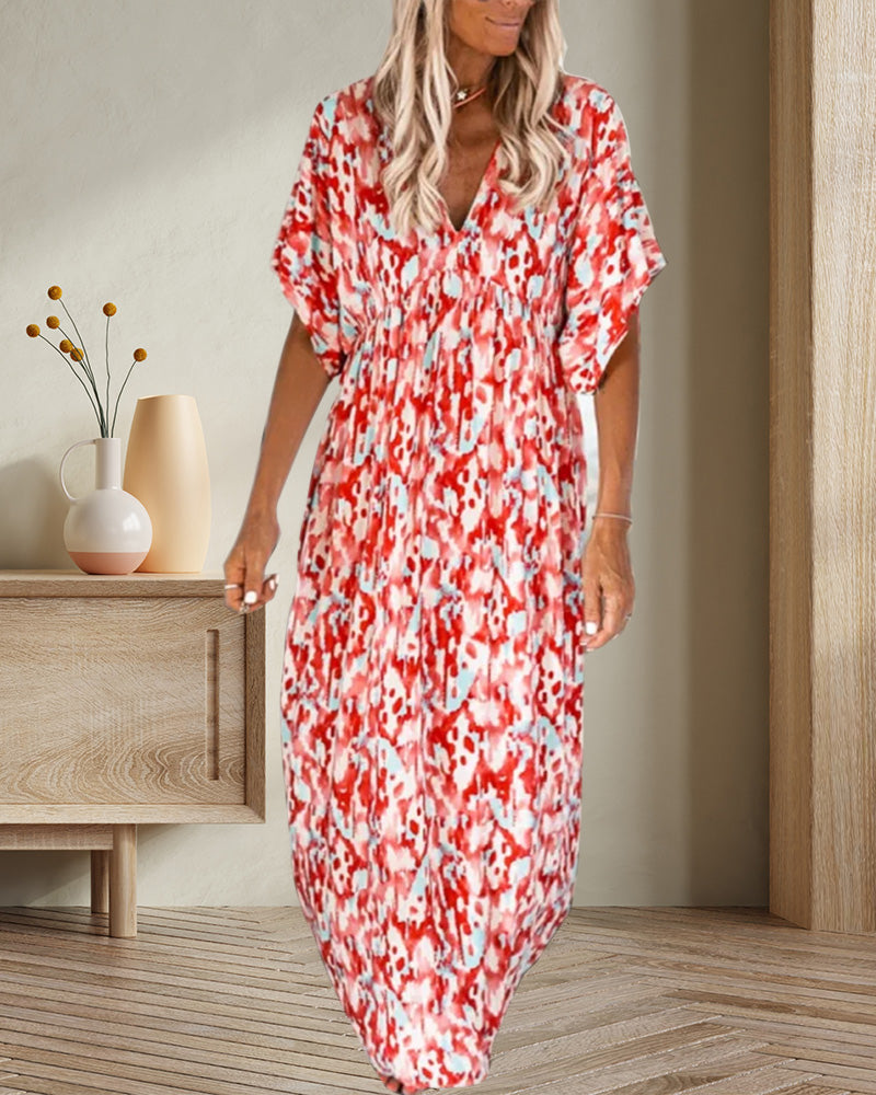 Robe tendance à col en V imprimée à manches courtes