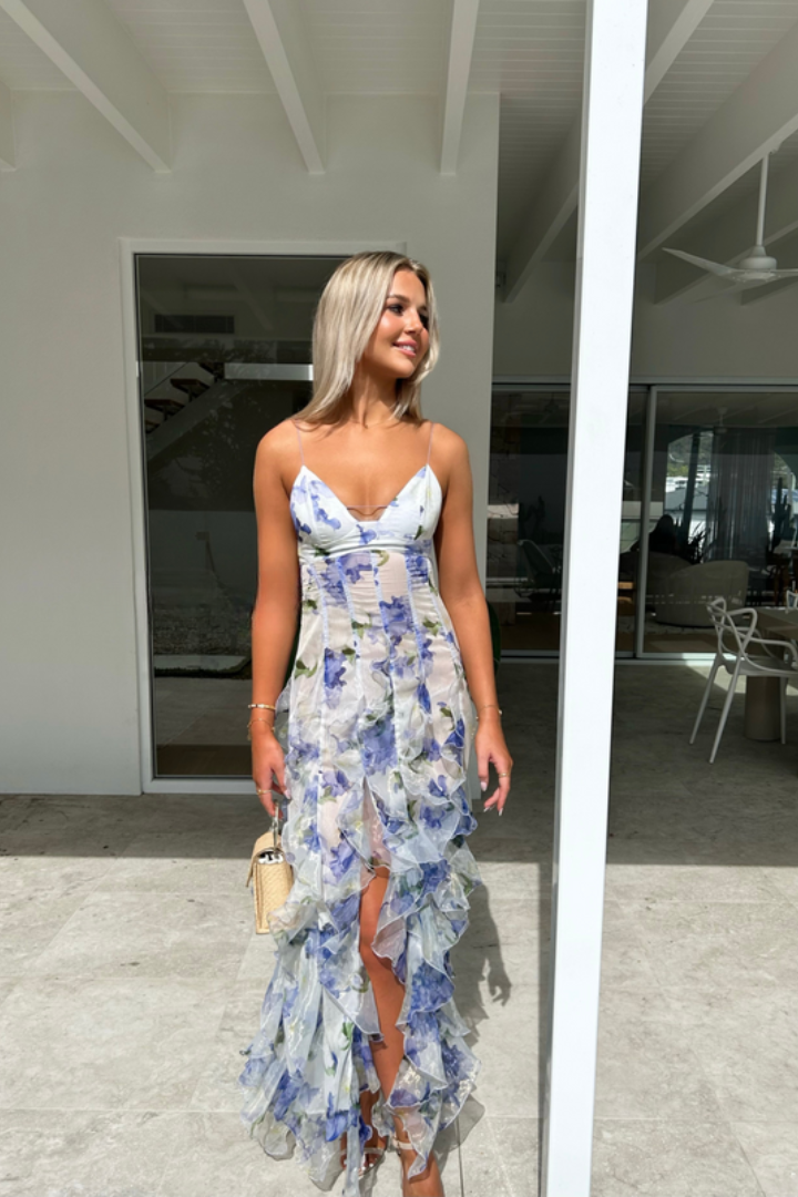 Reign | Damska sukienka maxi w kwiaty z falbanami