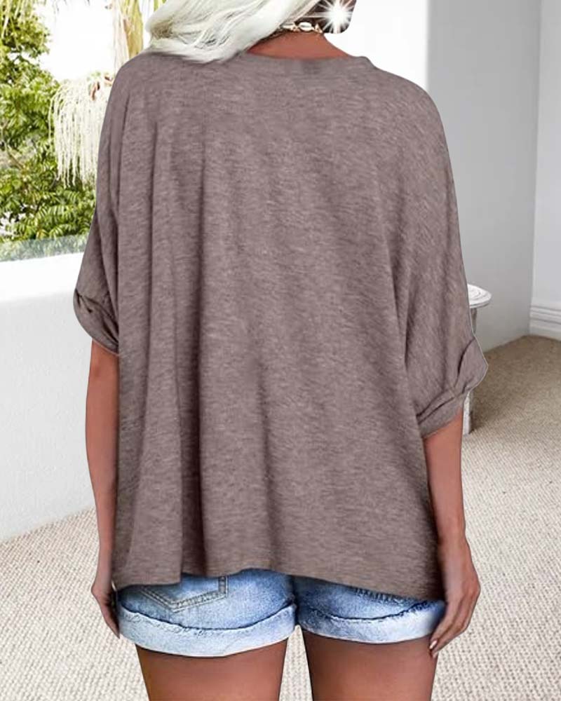 T-Shirt Col En V Ourlet Roulé Manches Courtes Large
