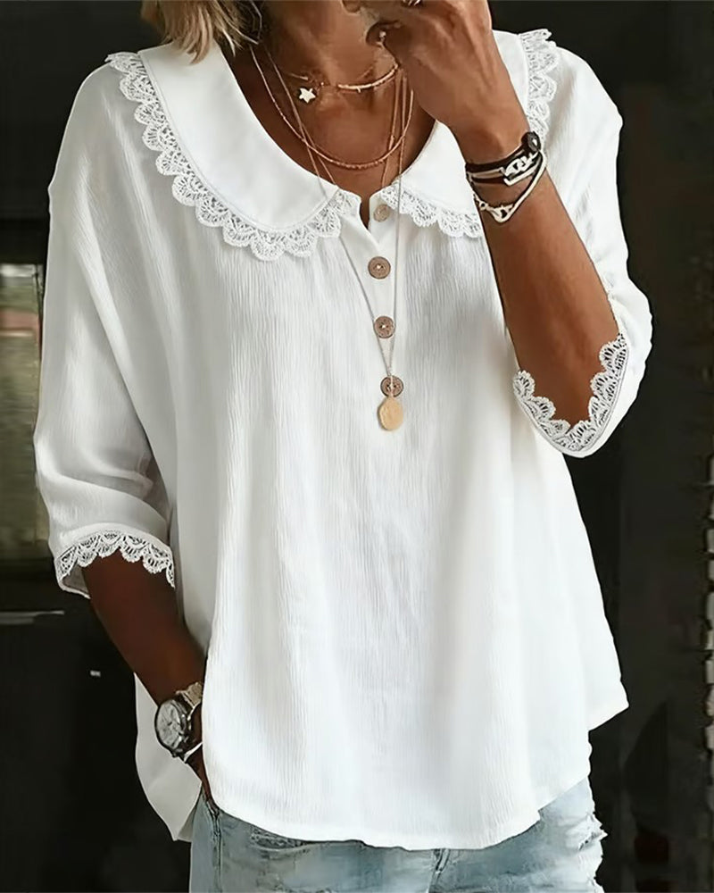 Blouse Dentelle Insérée Col Claudine