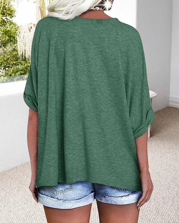 T-Shirt Col En V Ourlet Roulé Manches Courtes Large