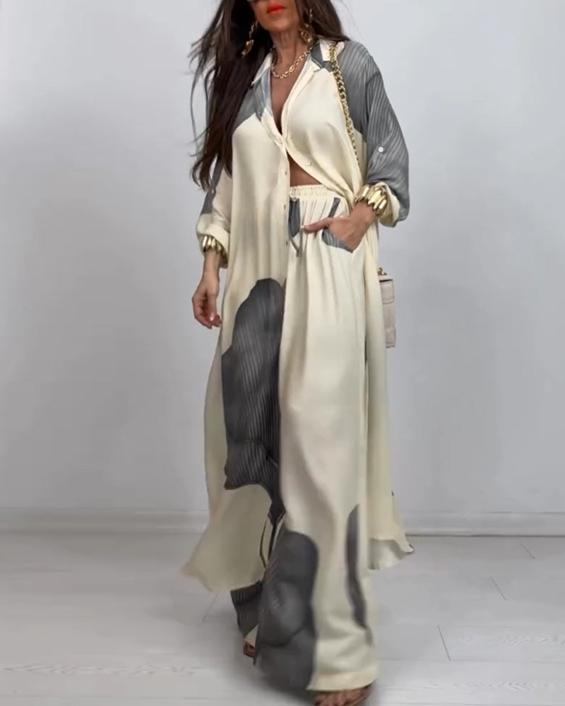 Costume Col Bouton Bloc de Couleur Pantalon Rayé Droit