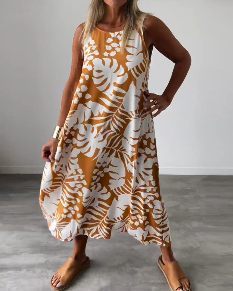 Robe décontractée sans manches à imprimé feuilles
