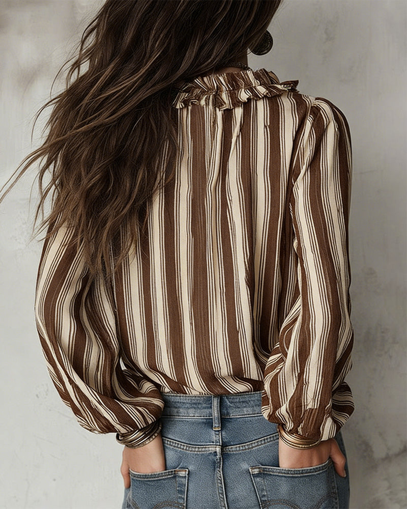 Blouse Profond Col V Rayures Verticales Loose