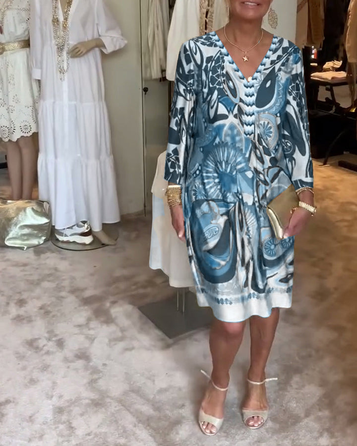 Robe décontractée à col en V et imprimé rétro