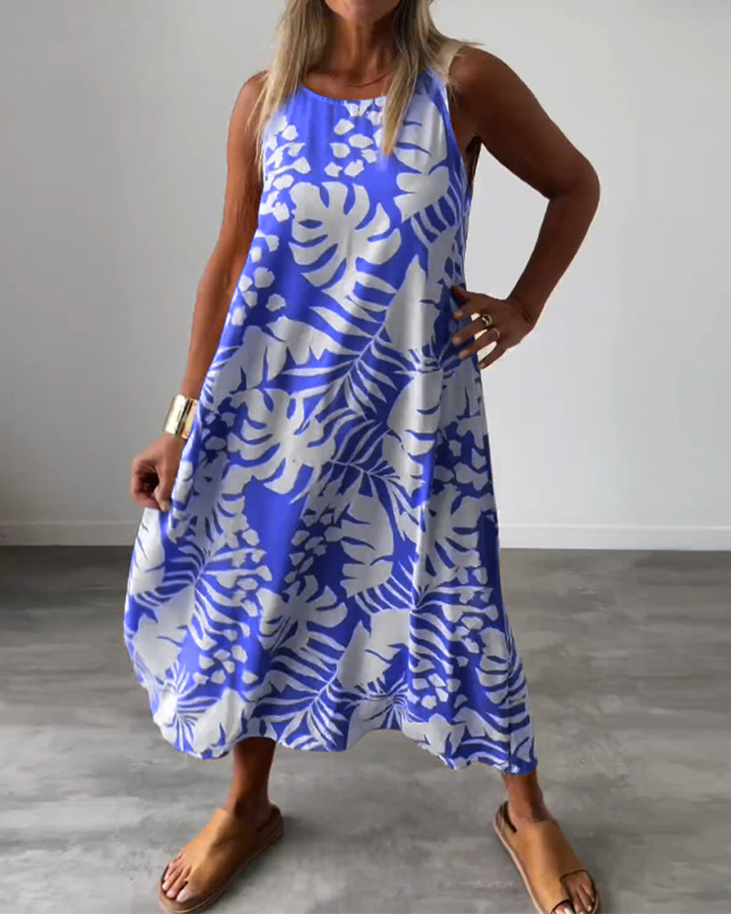 Robe décontractée sans manches à imprimé feuilles