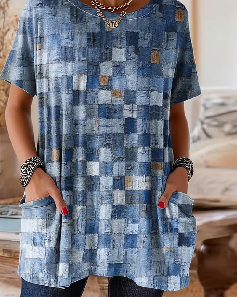 Kolorowy T-shirt w kratkę vichy z krótkim rękawem
