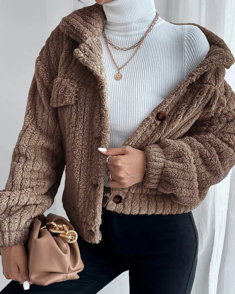 Manteau épais décontracté de couleur unie avec revers boutonné et manches longues