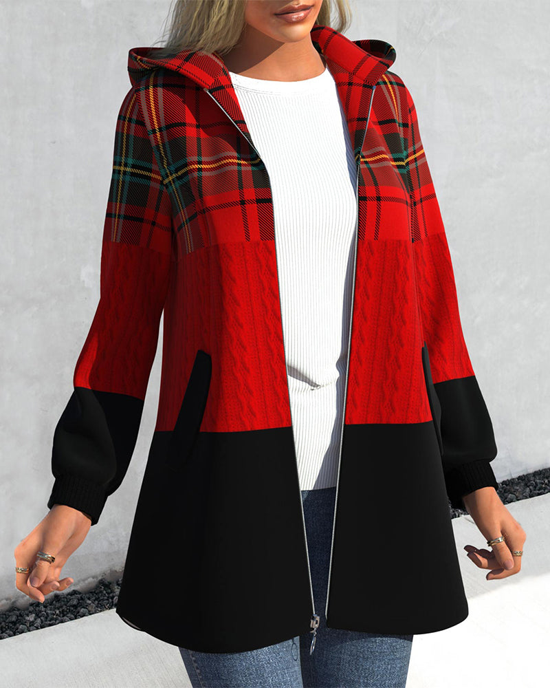 Manteau zippé à capuche à carreaux
