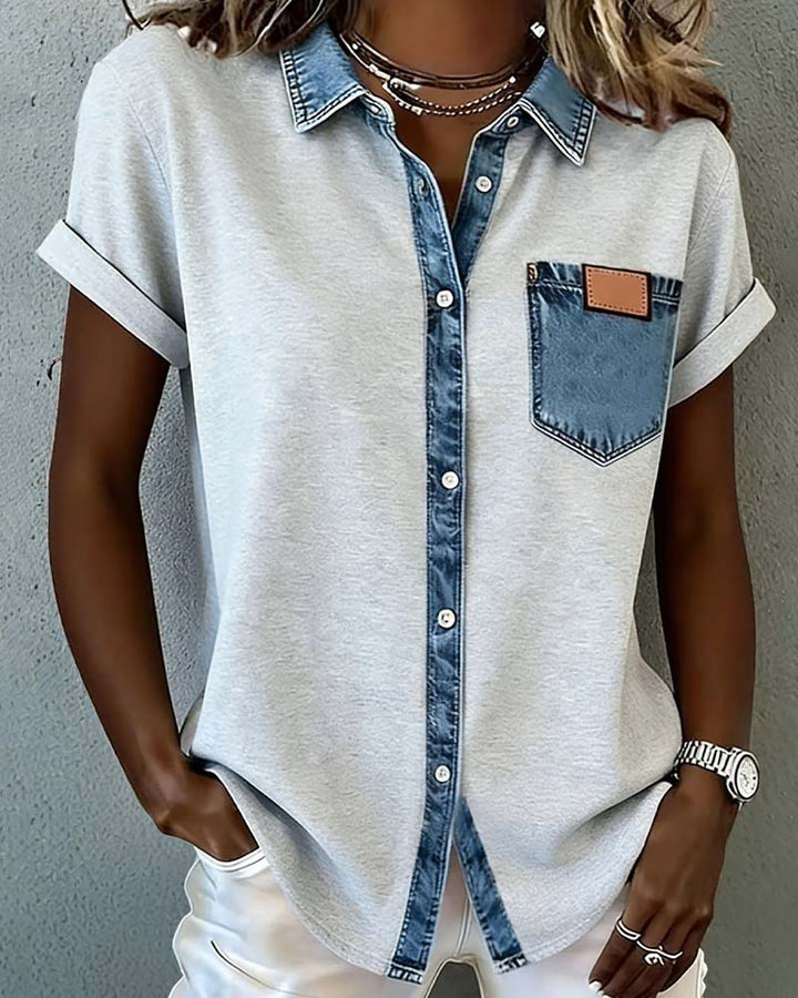 T-shirt patchwork jeans z wywijanym kołnierzykiem
