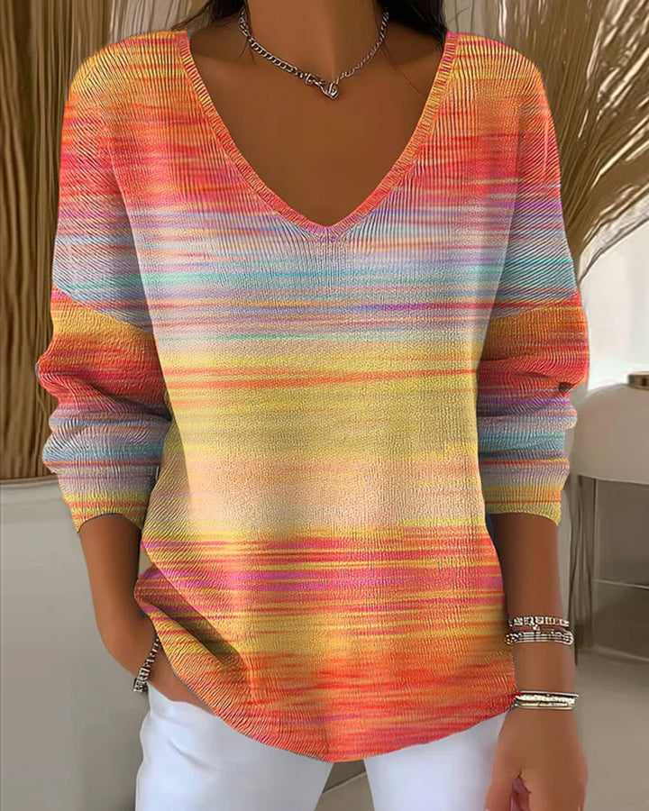 Sweter w paski w kolorach tęczy z dekoltem w serek