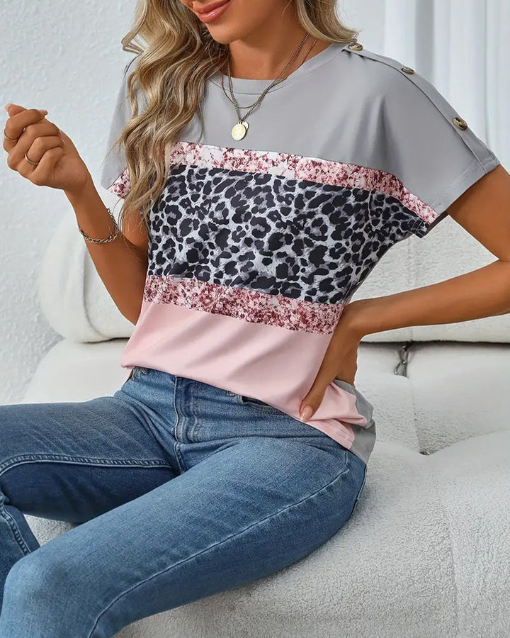T-shirt z okrągłym dekoltem i nadrukiem w panterkę color block