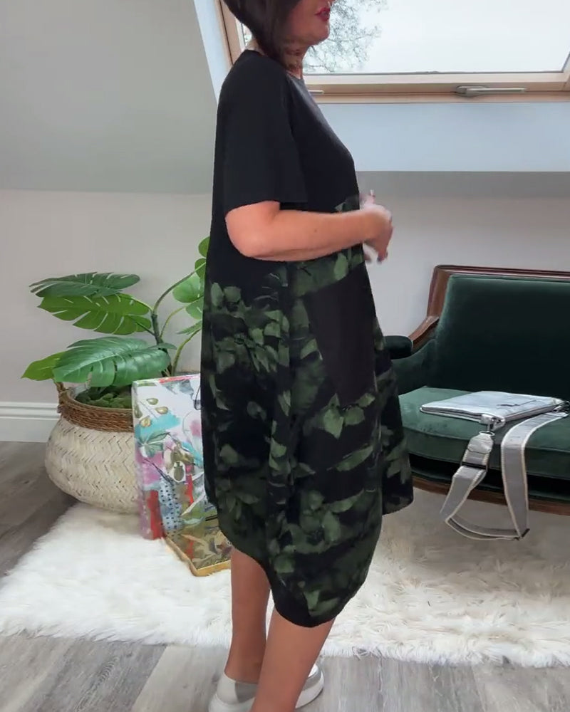 Robe patchwork décontractée à imprimé floral et col rond