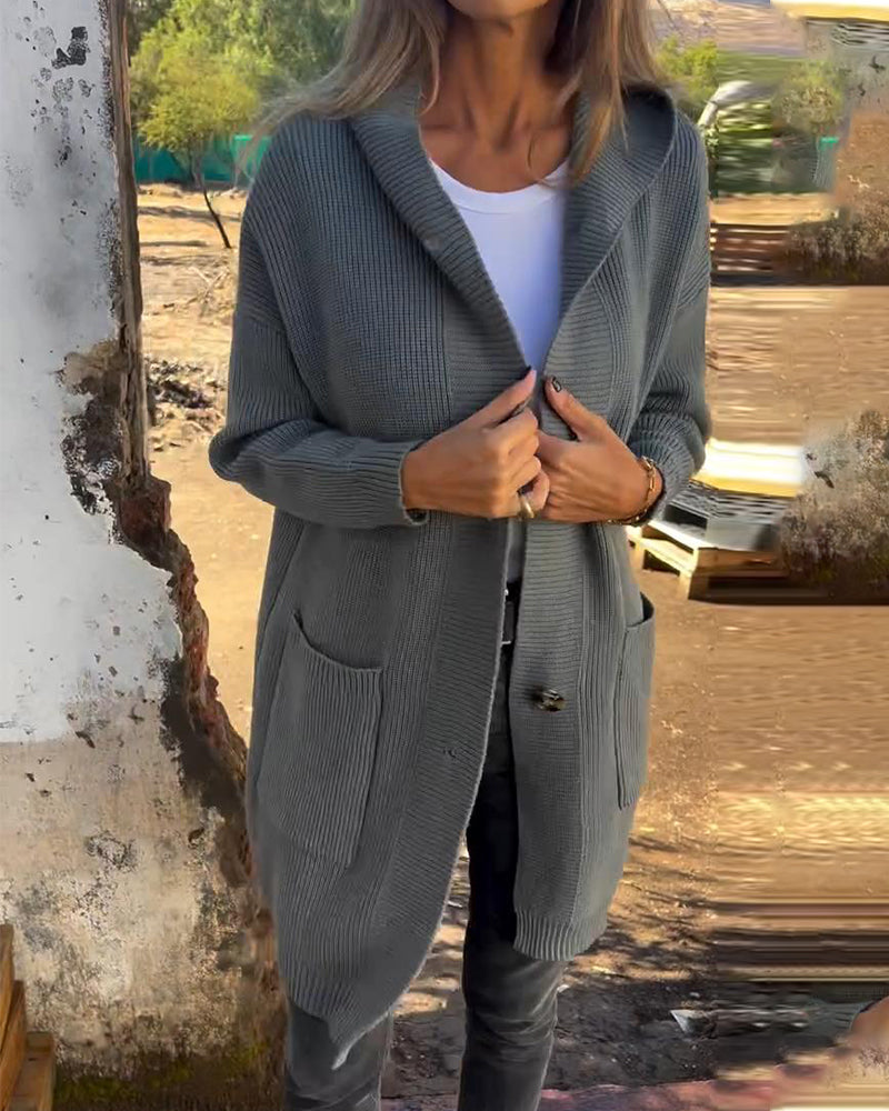 Cardigan décontracté à capuche avec poche boutonnée de couleur unie