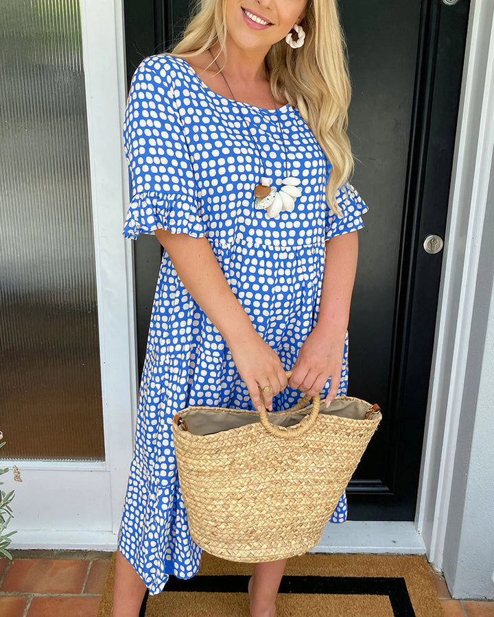Robe midi col rond imprimé à pois