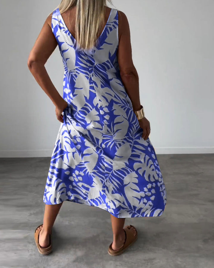 Robe décontractée sans manches à imprimé feuilles