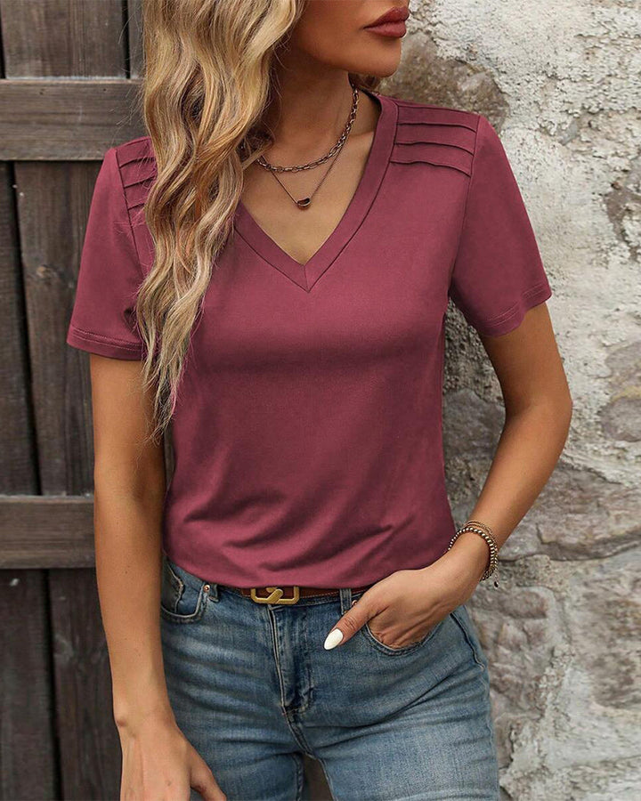 T - Shirt à Manches Courtes avec un Col V et une Couleur Uni