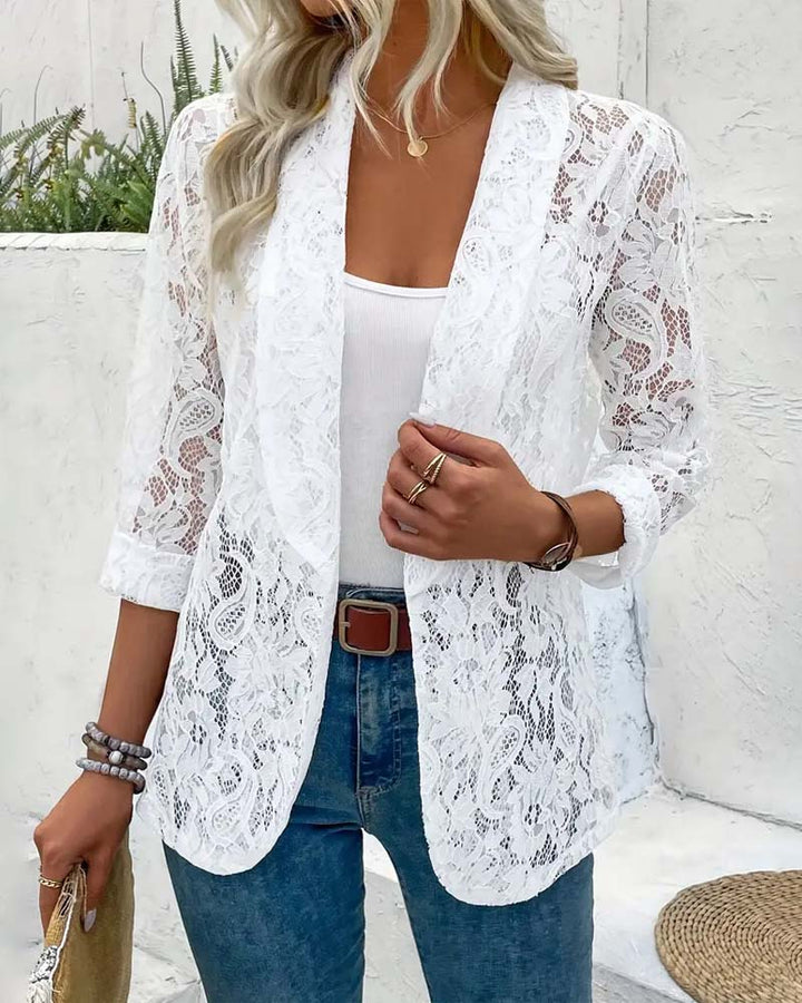 Manteau élégant à revers en dentelle florale de couleur unie