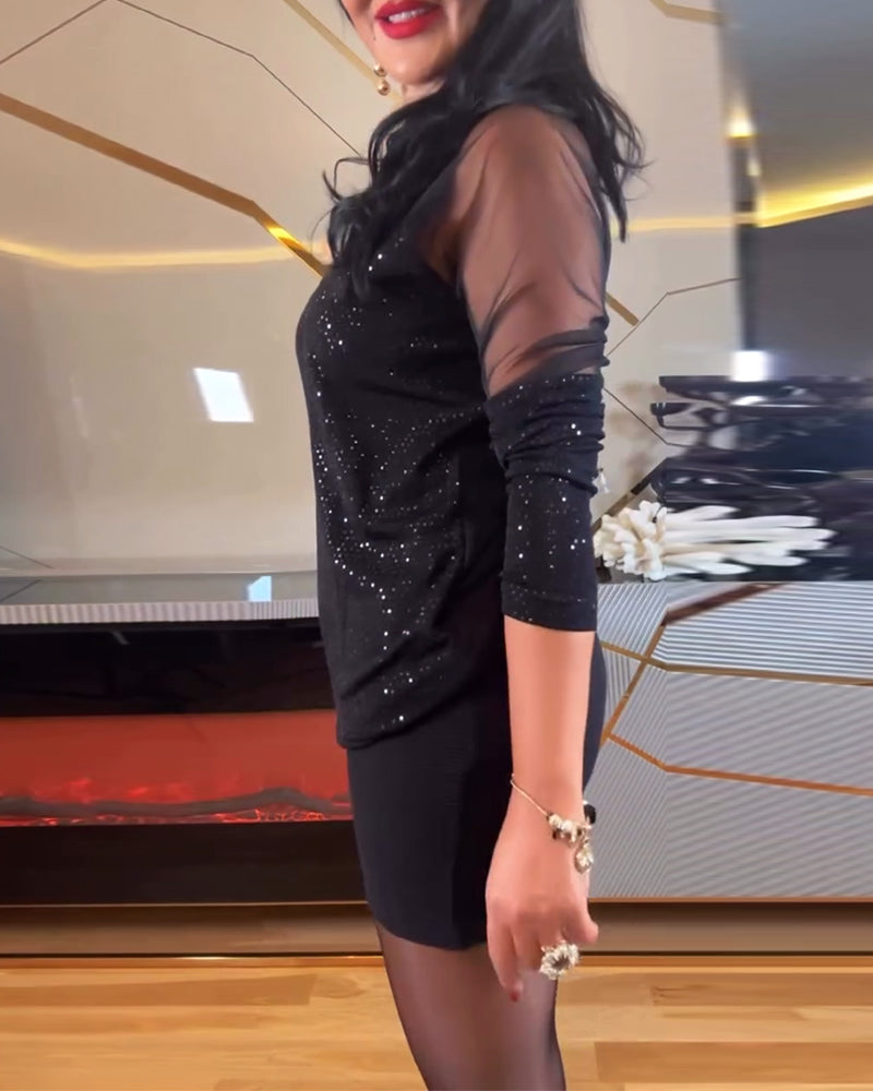 Top sexy col V en maille et sequins couleur unie