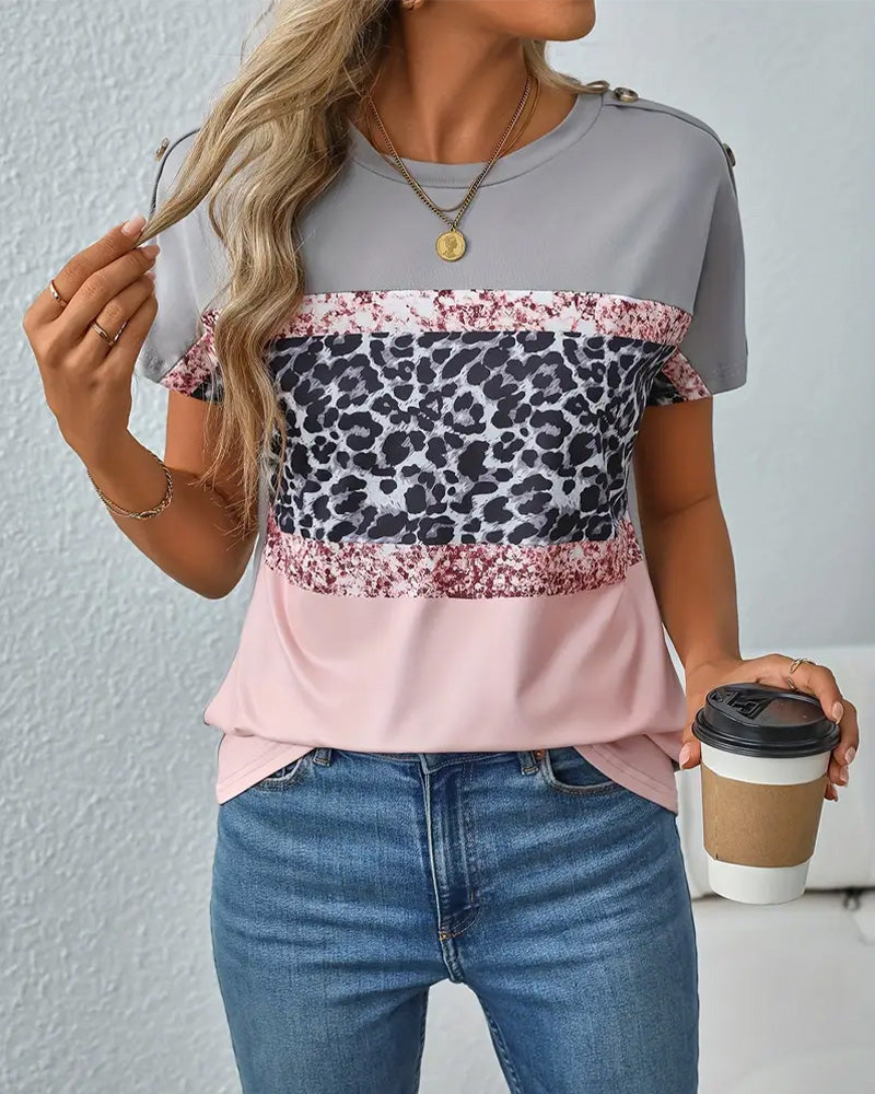 T-shirt z okrągłym dekoltem i nadrukiem w panterkę color block