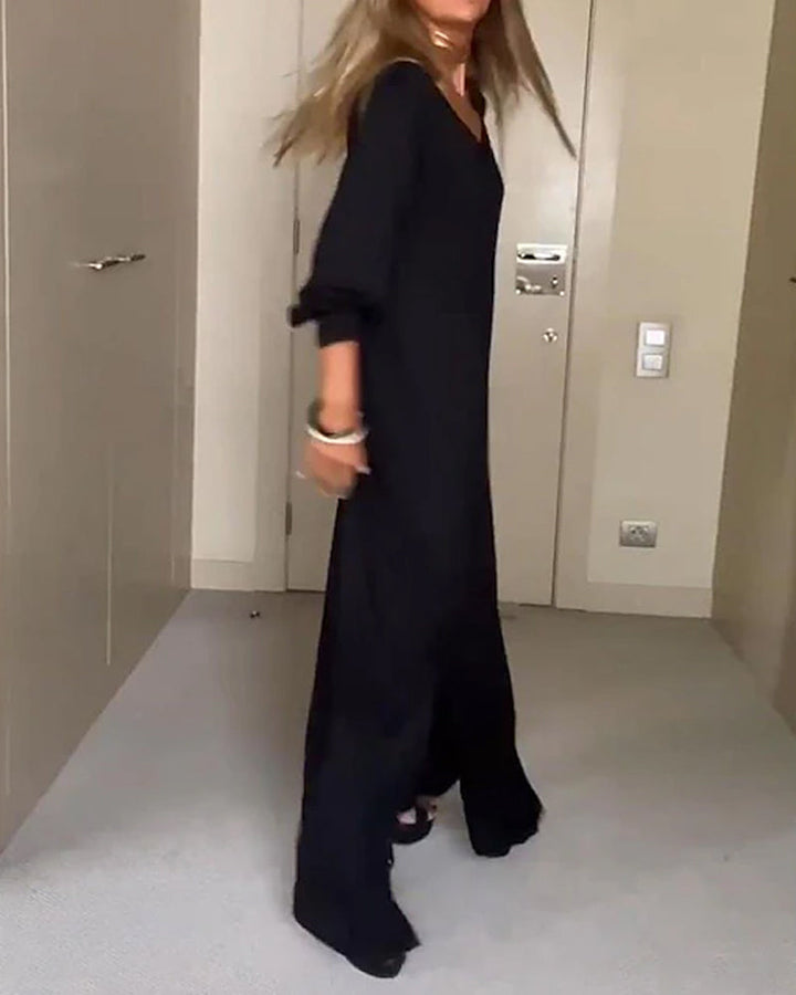 Robe décontractée à col en V de couleur unie