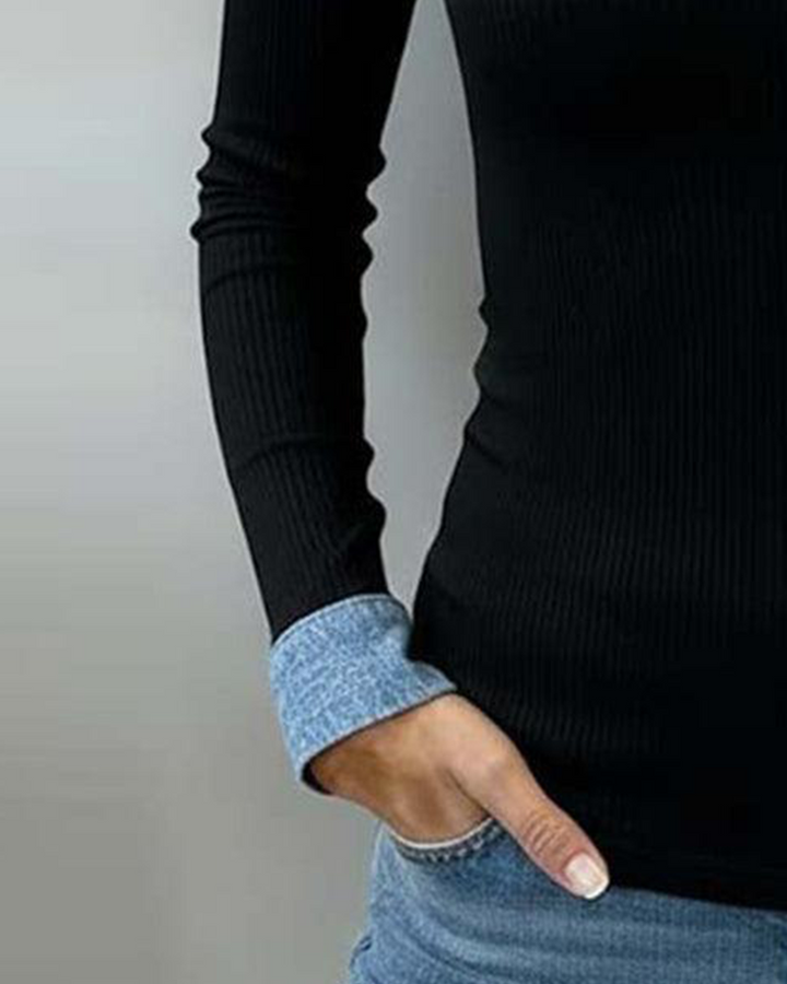 Haut Couleur Contrastante Patte Col V Manche Longue