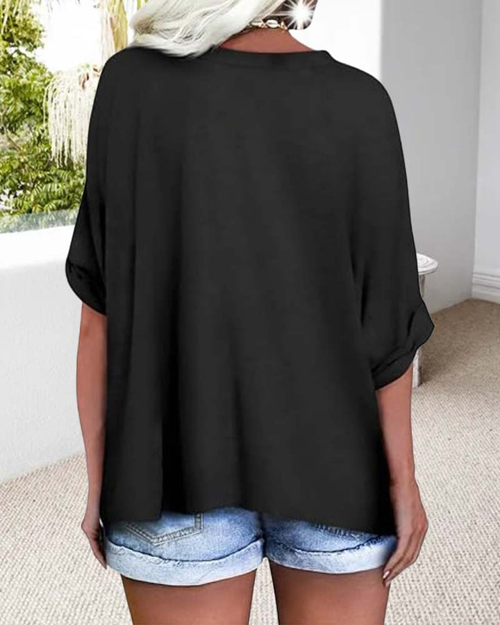 T-Shirt Col En V Ourlet Roulé Manches Courtes Large