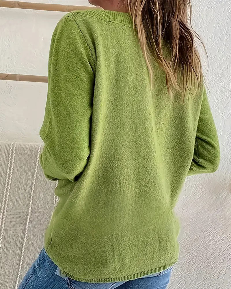 Sweter z dekoltem w serek na guziki jednolity