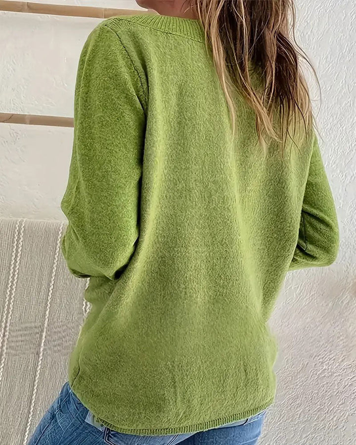 Sweter z dekoltem w serek na guziki jednolity