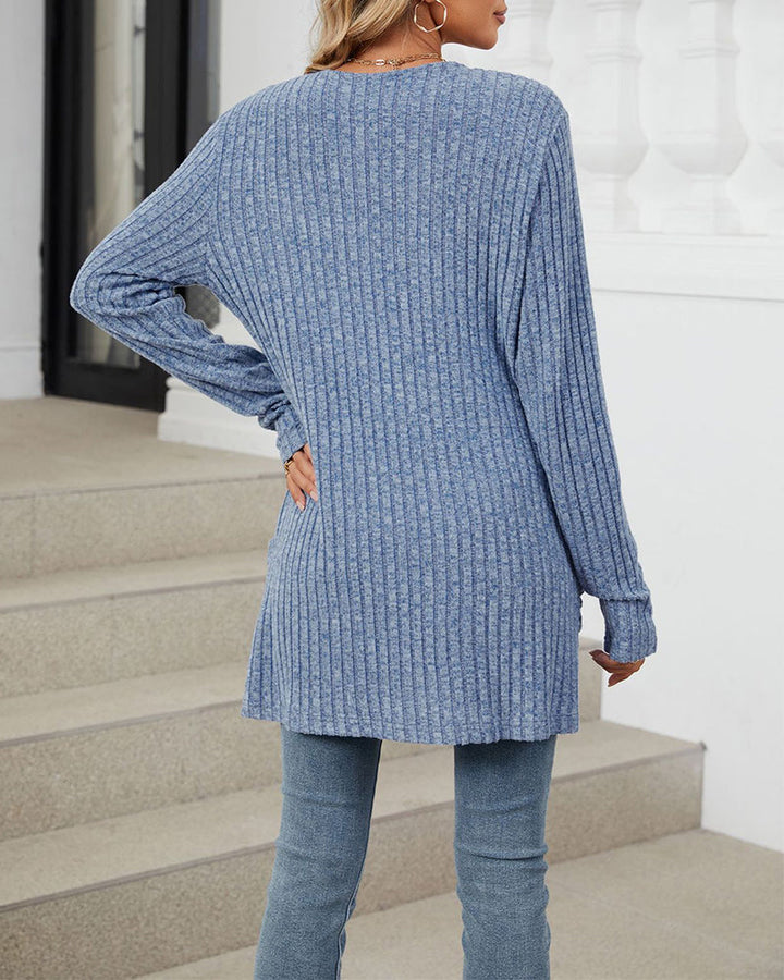 Cardigan décontracté à manches longues et poches de couleur unie