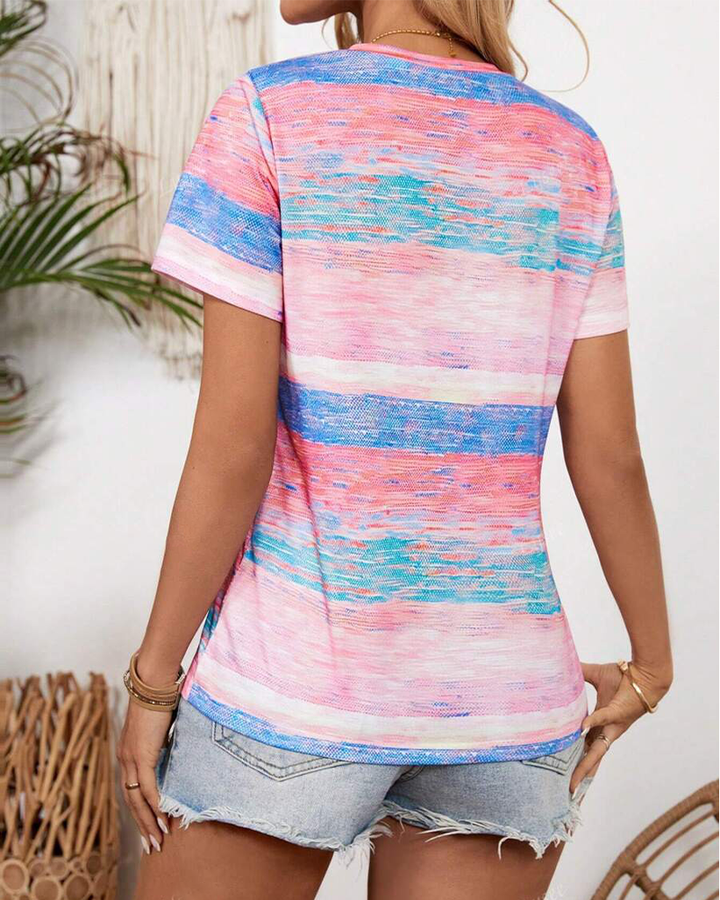 T-Shirt Col En V Rayé Multicolore Polyvalent