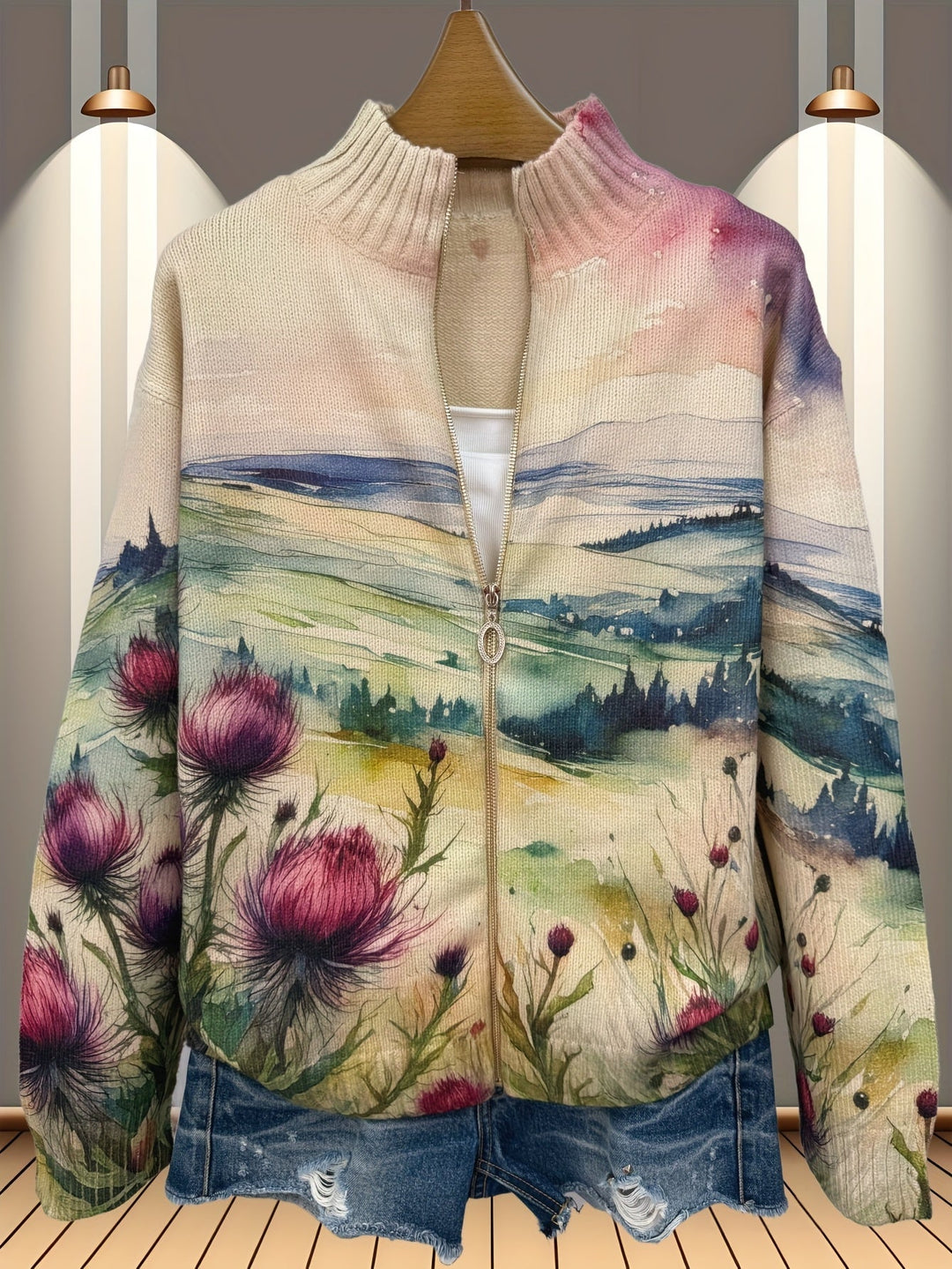 Cardigan zippé aquarelle de chardon