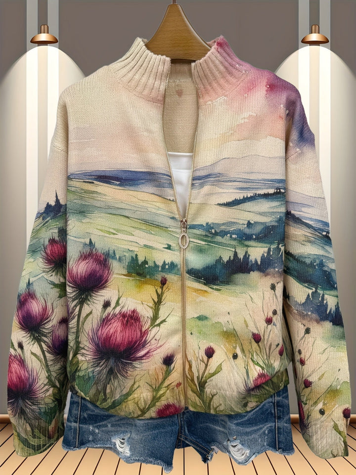 Cardigan zippé aquarelle de chardon
