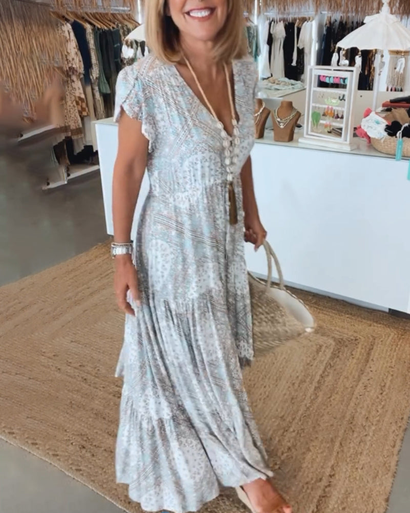 Robe à manches fendues et col en V imprimé vacances
