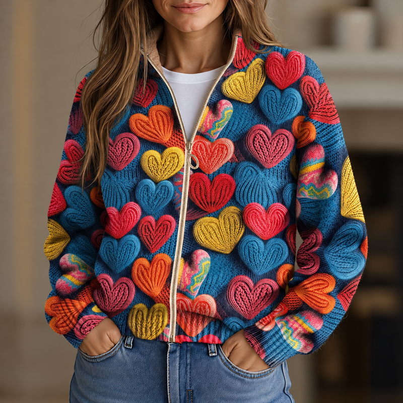 Cardigan zippé multicolore en forme de cœur