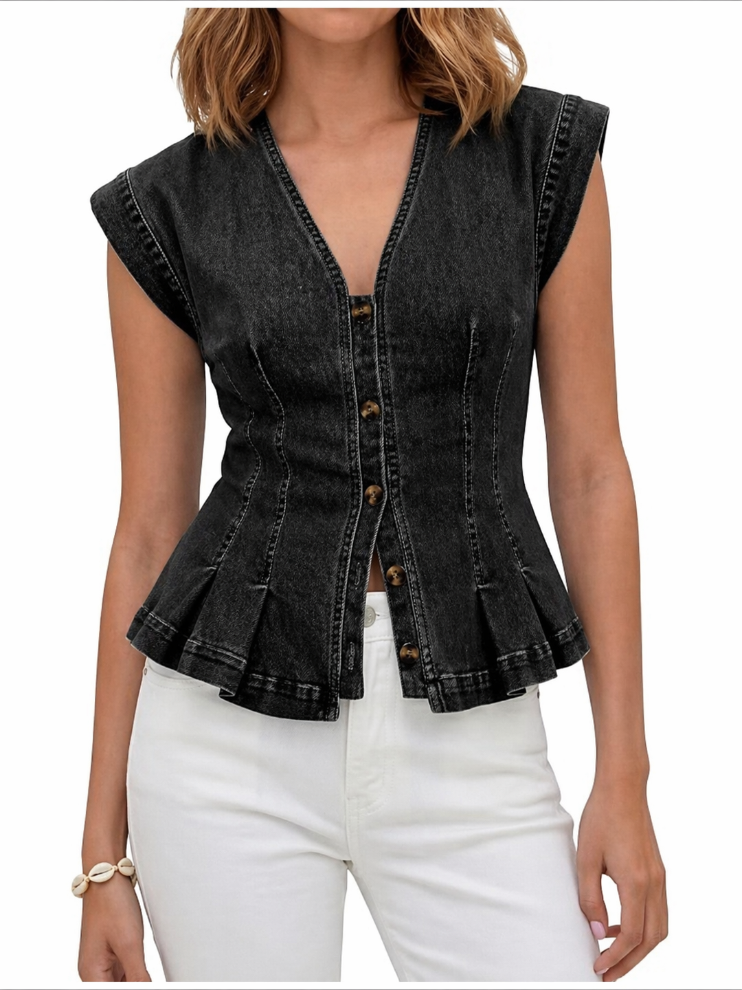Wirginia - Top Denim z Dekoltem w Kształcie V