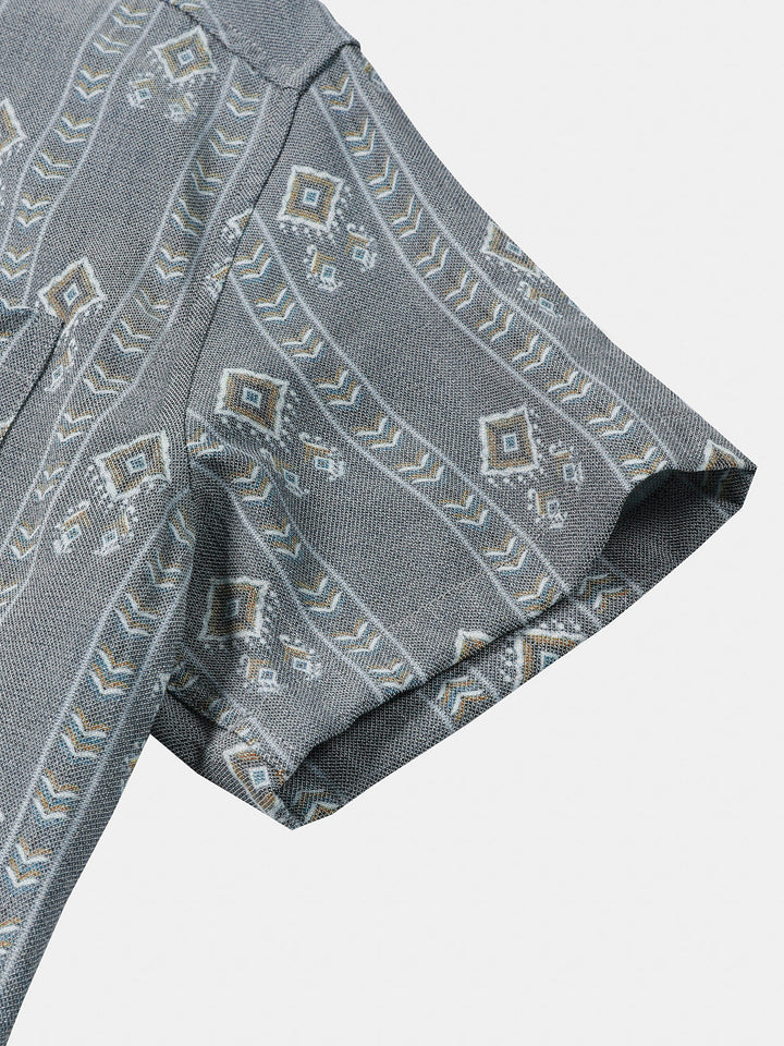Męska vintage koszula w pionowe paski z krótkim rękawem w stylu Azteków, szara