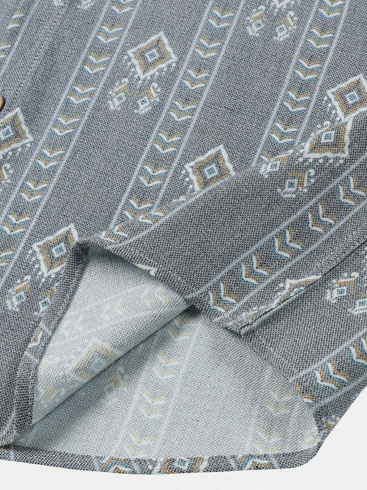 Męska vintage koszula w pionowe paski z krótkim rękawem w stylu Azteków, szara