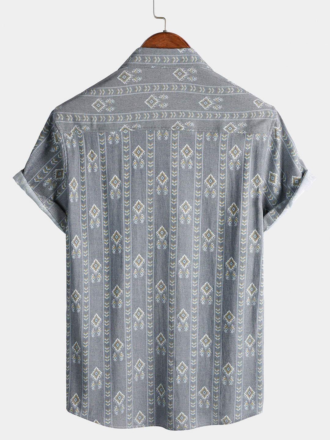 Męska vintage koszula w pionowe paski z krótkim rękawem w stylu Azteków, szara