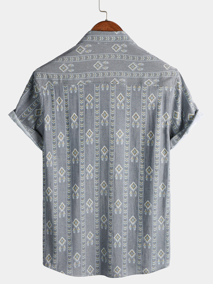 Męska vintage koszula w pionowe paski z krótkim rękawem w stylu Azteków, szara