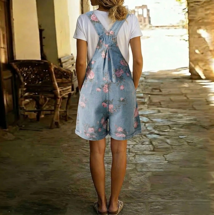 Eugénie | Kombinezon z denimu w stylu vintage z kwiatowym nadrukiem