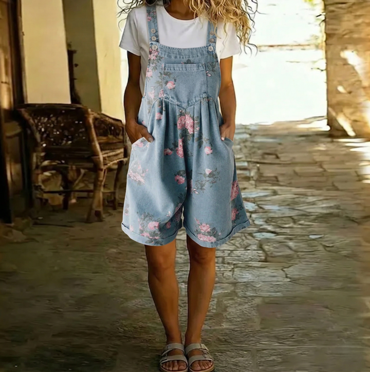 Eugénie | Kombinezon z denimu w stylu vintage z kwiatowym nadrukiem