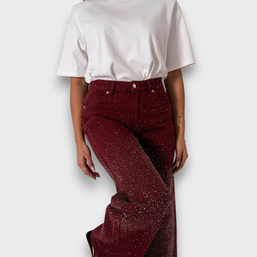 Nina – dżinsy szerokie nogawki z kryształkami bordeaux