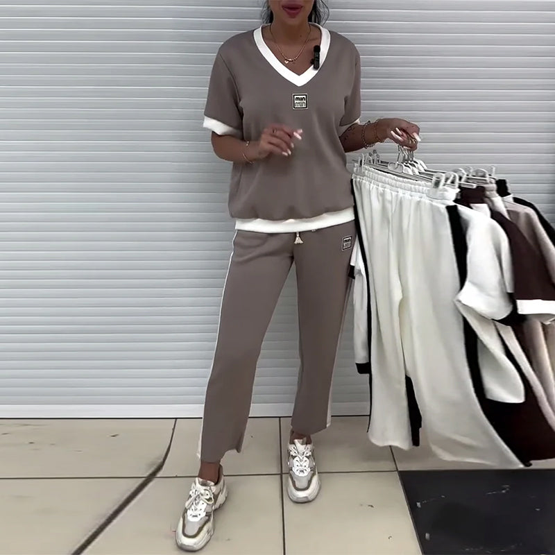 Costume Décontracté Col En V Couleur Contrastée Sport