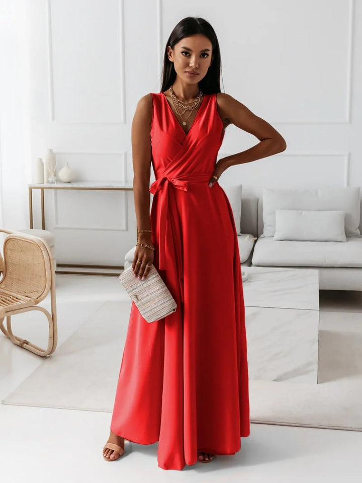 Annabelle | Robe longue unie pour femme avec col en V