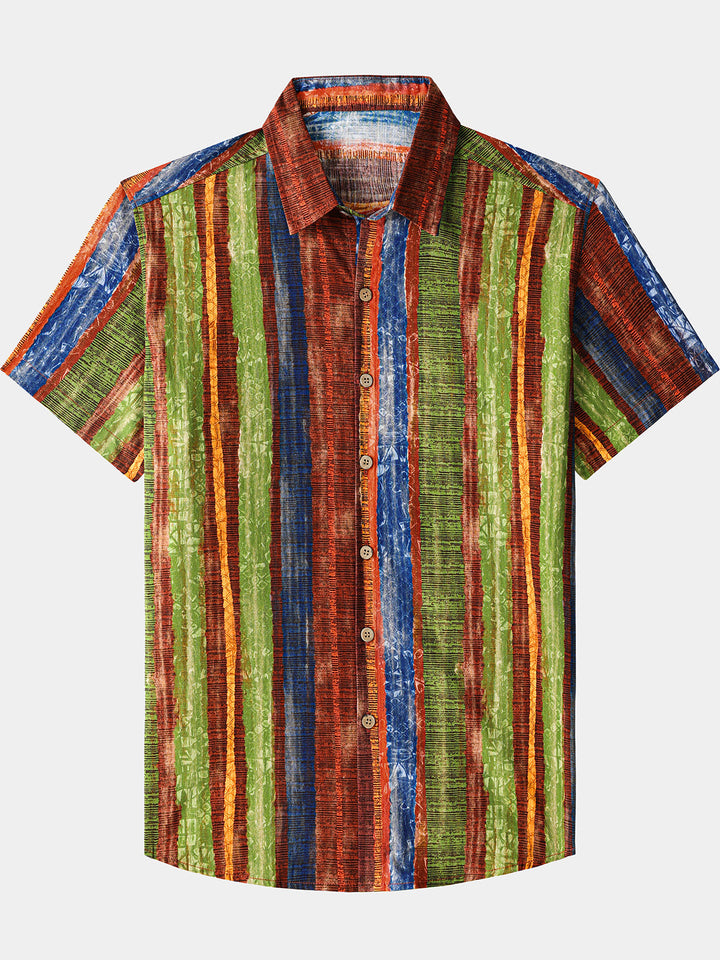 Męska Vintage Boho Wzorzysta Bawełniana Lekka Oddychająca Koszula Krótki Rękaw na Lato