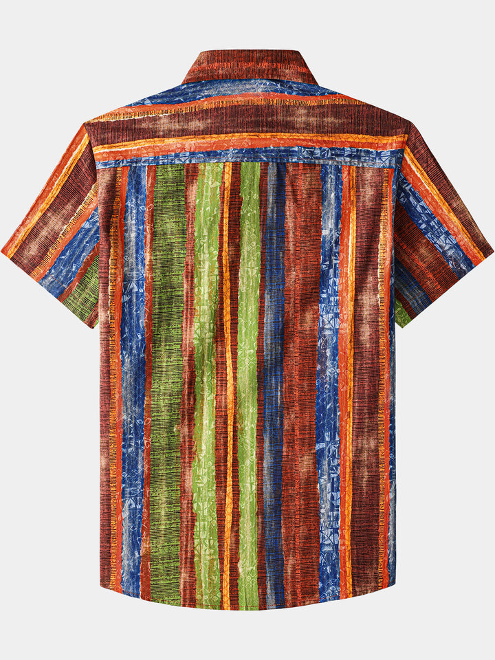 Męska Vintage Boho Wzorzysta Bawełniana Lekka Oddychająca Koszula Krótki Rękaw na Lato