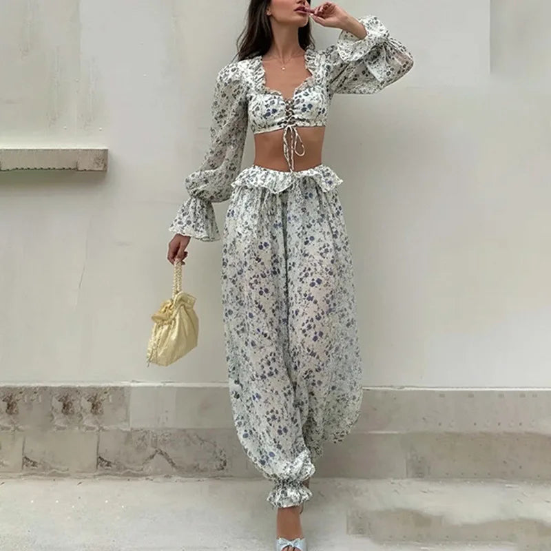 Ruffled Trousers Short Tops Two-piece Set Spring Summer Women's