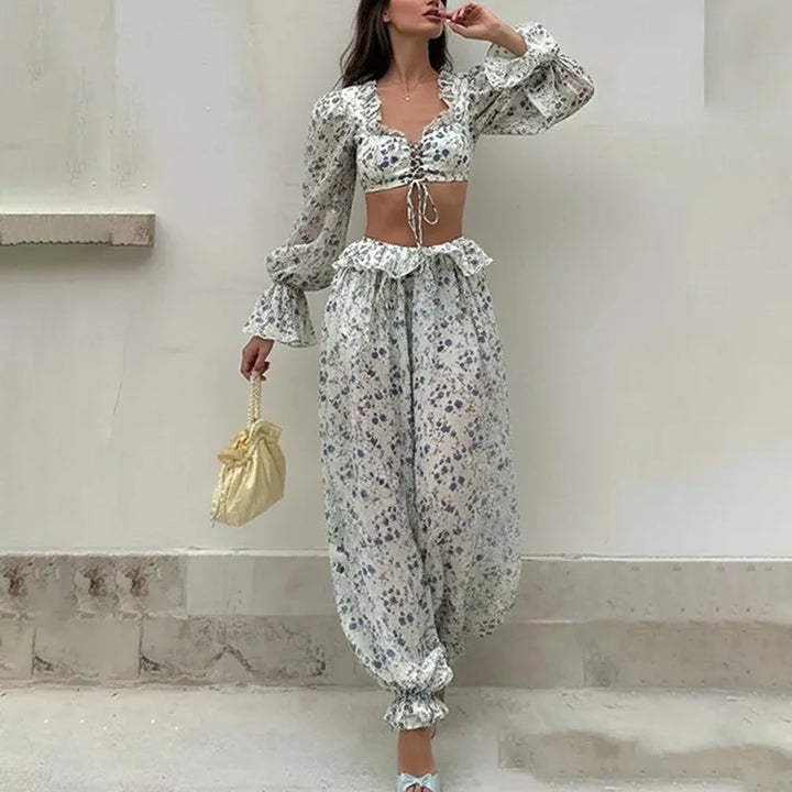 Ruffled Trousers Short Tops Two-piece Set Spring Summer Women's