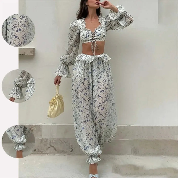 Ruffled Trousers Short Tops Two-piece Set Spring Summer Women's
